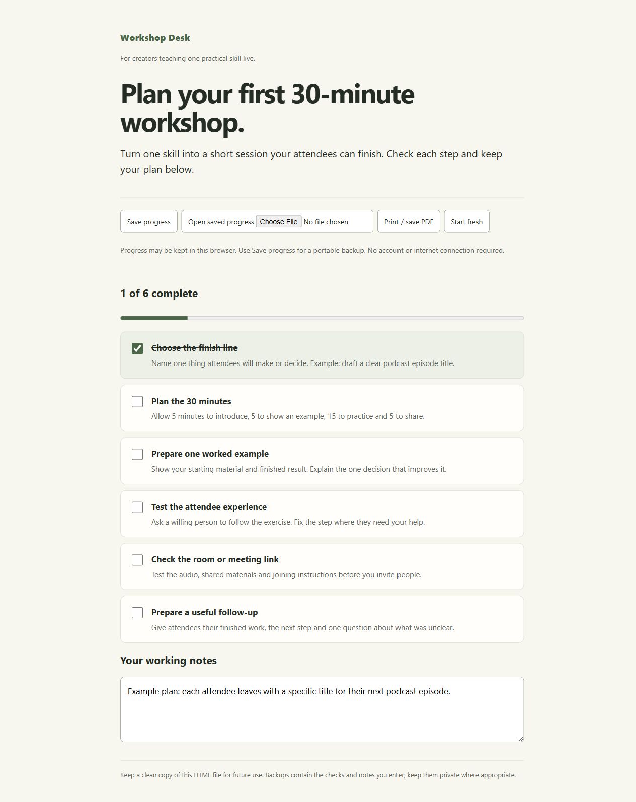 Workshop Desk checklist exported from Product Studio, with preparation steps, progress, notes and save controls